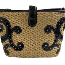 Load image into Gallery viewer, Brighton Straw & Black Faux Croc Shoulder Bag – Western Scroll Design, Rhinestones