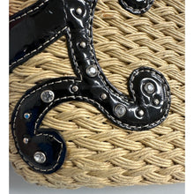 Load image into Gallery viewer, Brighton Straw & Black Faux Croc Shoulder Bag – Western Scroll Design, Rhinestones