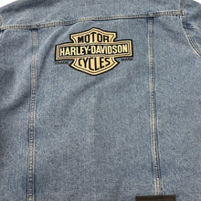 Load image into Gallery viewer, Harley Davidson Denim Jacket Large Embroidered Logo Blue Trucker