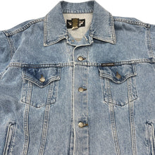 Load image into Gallery viewer, Harley Davidson Denim Jacket Large Embroidered Logo Blue Trucker
