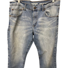 Load image into Gallery viewer, Wrangler Regular Straight Men’s Jeans Classic Blue Distressed Stitch 34x30
