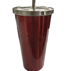 2014 Starbucks Red Stainless Steel Cold Cup Tumbler 16 oz w Lid Metal Straw