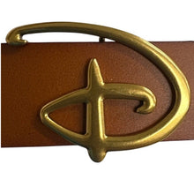 Load image into Gallery viewer, Disney D Logo Belt Brown Faux Leather Gold Buckle Adjustable 33-39
