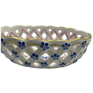 Herend Hungary Blue Garland Small Openwork Handle Basket