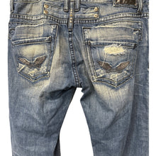 Load image into Gallery viewer, Robin’s Jeans Distressed Denim Wing Back Embroidery Size 40
