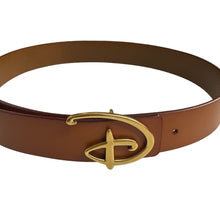 Load image into Gallery viewer, Disney D Logo Belt Brown Faux Leather Gold Buckle Adjustable 33-39
