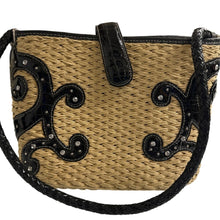 Load image into Gallery viewer, Brighton Straw &amp; Black Faux Croc Shoulder Bag – Western Scroll Design, Rhinestones
