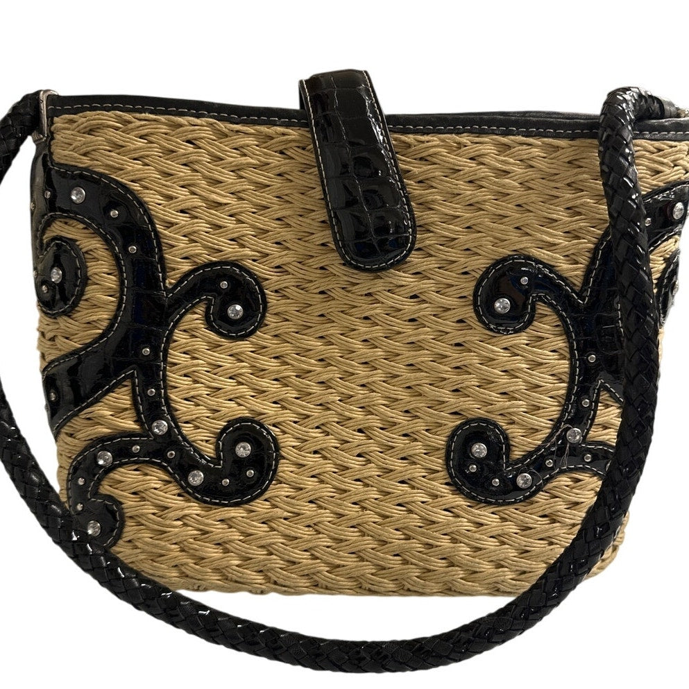 Brighton Straw & Black Faux Croc Shoulder Bag – Western Scroll Design, Rhinestones