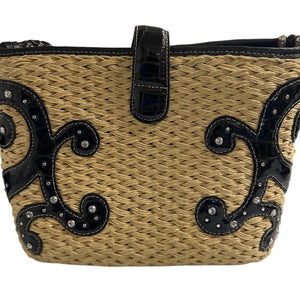 Brighton Straw & Black Faux Croc Shoulder Bag – Western Scroll Design, Rhinestones