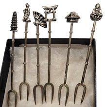 Load image into Gallery viewer, Godinger Silver Plated Cocktail Forks Set of 6 Asian Motif Appetizer Picks
