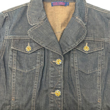 Load image into Gallery viewer, Tribal Denim Stretch Jacket Size 8 Rhinestone Accent Buttons
