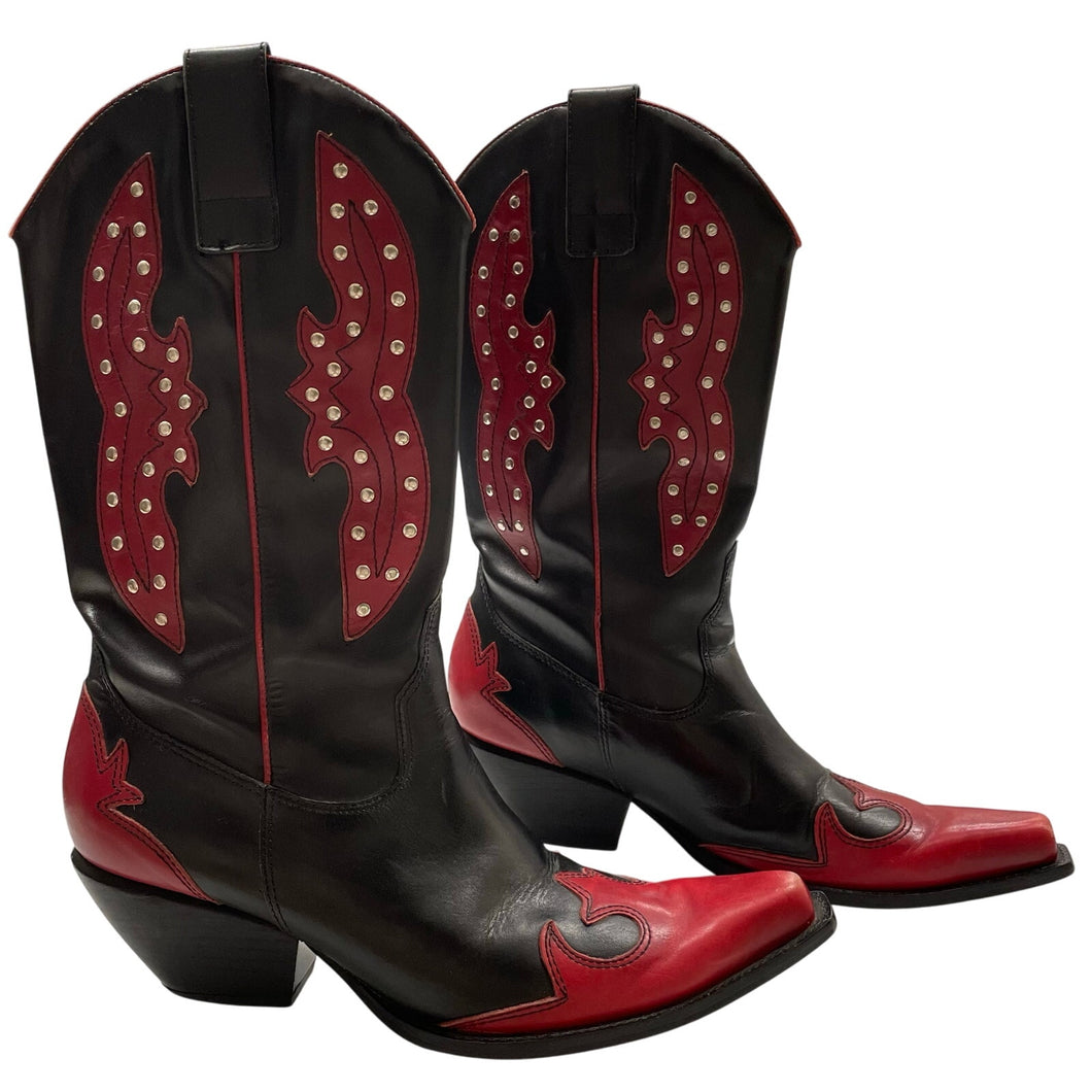 BCBGIRL Western Rodeo Boots 6.5 Black Red Studded Design
