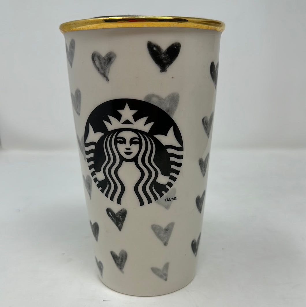 Starbucks Black Heart Ceramic Tumbler Travel Mug with Lid 2014