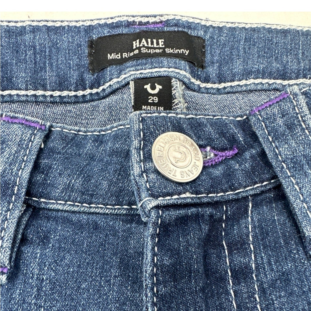 True Religion Halle Mid Rise Super Skinny Jeans Size 29 Purple Accent