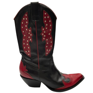 BCBGIRL Western Rodeo Boots 6.5 Black Red Studded Design
