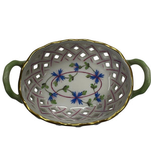 Herend Hungary Blue Garland Small Openwork Handle Basket