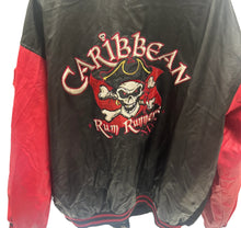 Load image into Gallery viewer, *Sale* Steve &amp; Barry&#39;s Caribbean Rum Runner Pirate Skull Vegan Leather Varsity Jacket XXXL
