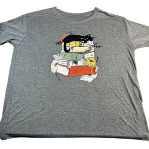 EUOW Book Cat Graphic T-Shirt Womens 3XL Gray Books Floral Black Cat Tee