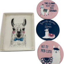 Load image into Gallery viewer, Magenta Llama Trinket Key Tray &amp; 3 Coasters Funny Llama Decor Set
