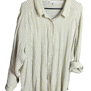 Jane + Delancey 3X Green White Striped Roll Tab Button Shirt Pool Cover Up