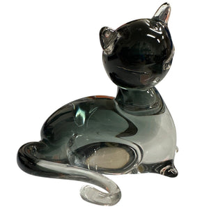Murano Style Hand Blown Smoky Glass Cat Figurine 6” Vintage Look