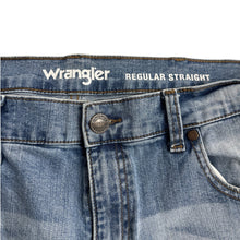 Load image into Gallery viewer, Wrangler Regular Straight Men’s Jeans Classic Blue Distressed Stitch 34x30
