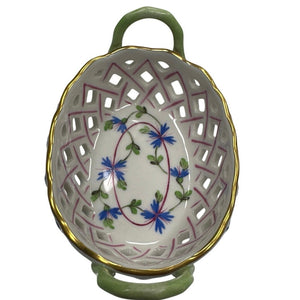 Herend Hungary Blue Garland Small Openwork Handle Basket