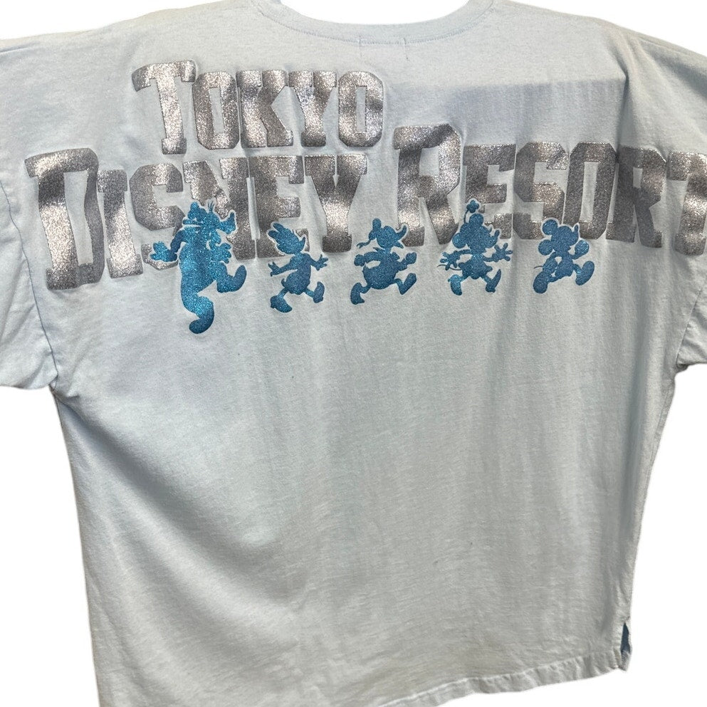 Tokyo Disney Resort Glitter Logo Shirt Light Blue Silver & Blue Mickey
