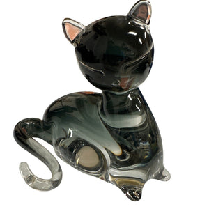 Murano Style Hand Blown Smoky Glass Cat Figurine 6” Vintage Look