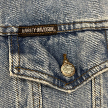 Load image into Gallery viewer, Harley Davidson Denim Jacket Large Embroidered Logo Blue Trucker
